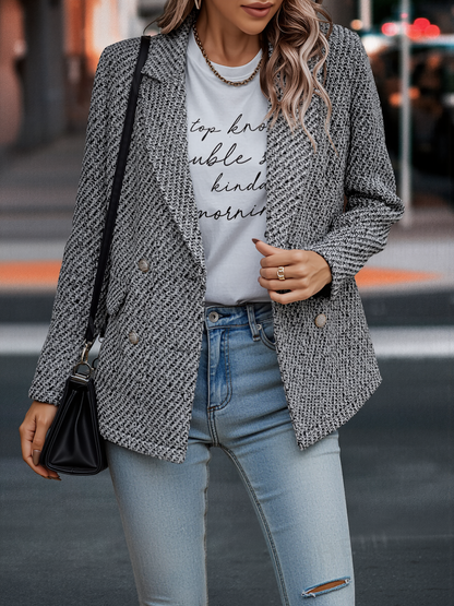 Classic Tailored Tweed Notched Lapel Double Breasted Work Blazer