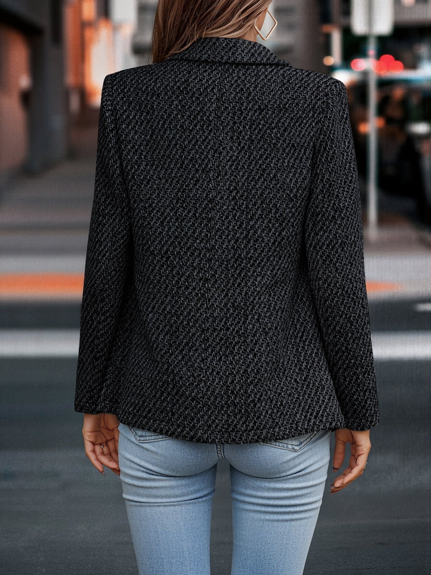 Classic Tailored Tweed Notched Lapel Double Breasted Work Blazer