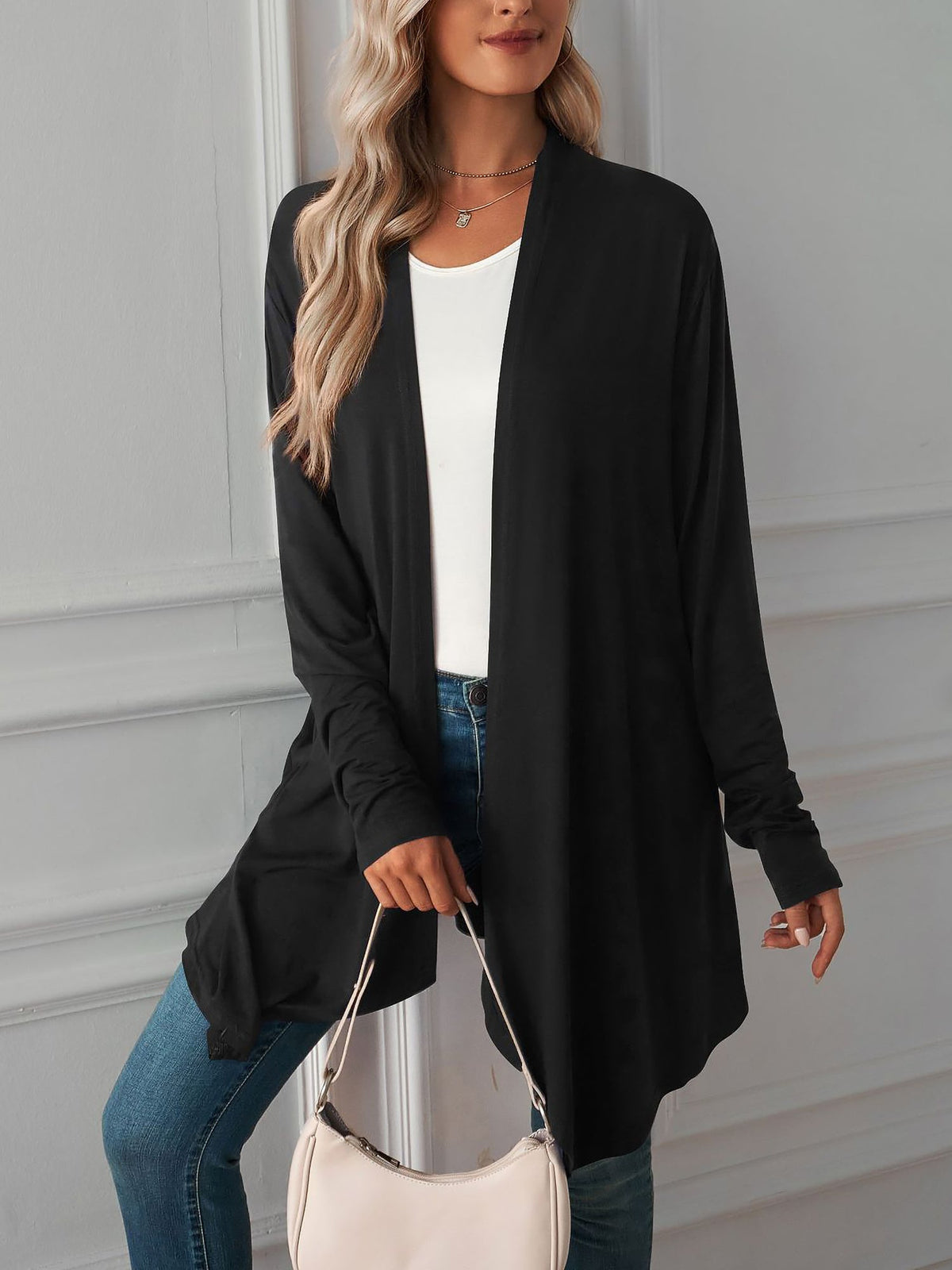 Solid Color Long Sleeve Open Front Cardigants