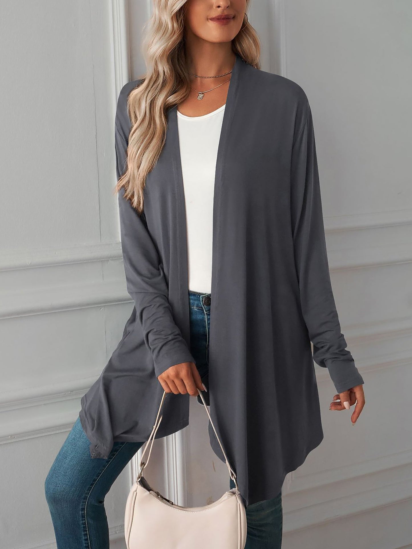 Solid Color Long Sleeve Open Front Cardigants