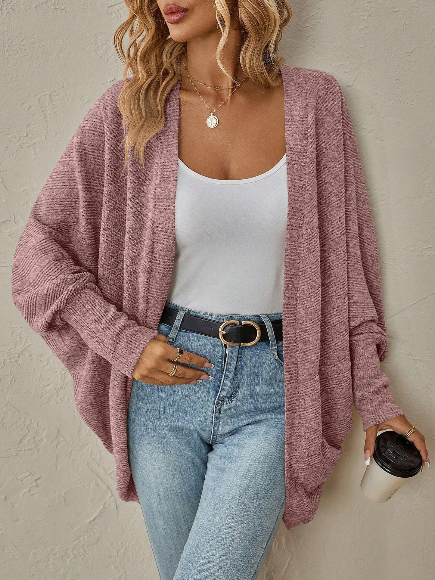 Bat Sleeve Loose Knitted Solid Color Cardigan