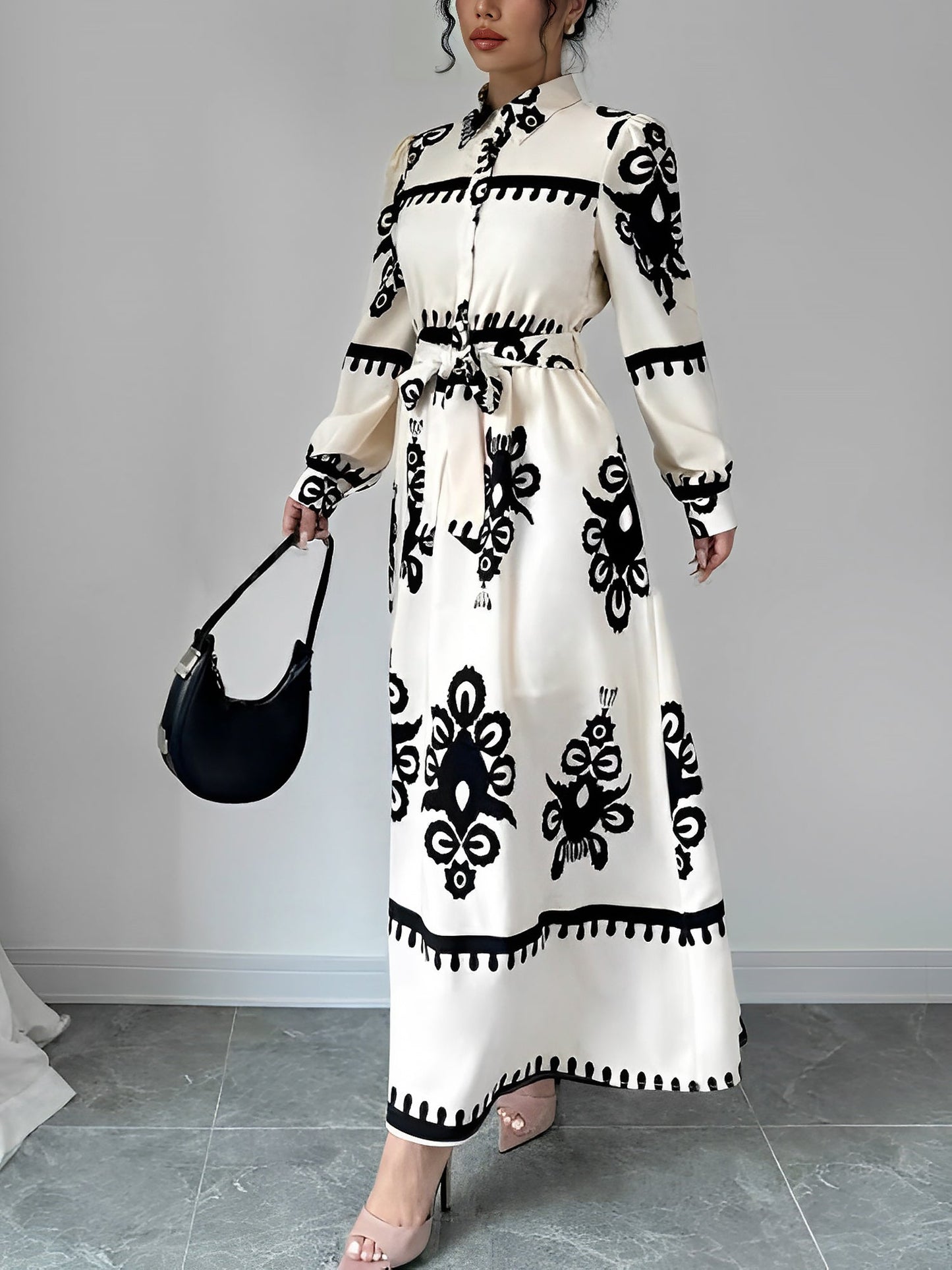 Lantern Long Sleeve Collar Boho Print Maxi Dress