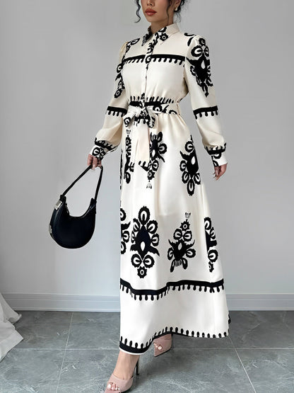 Lantern Long Sleeve Collar Boho Print Maxi Dress