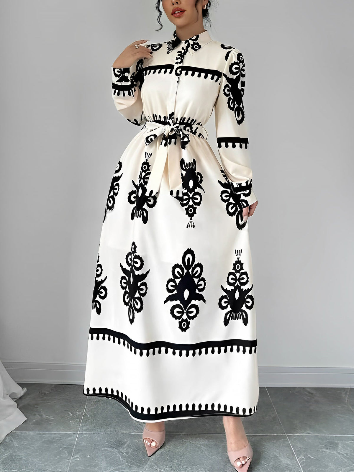 Lantern Long Sleeve Collar Boho Print Maxi Dress