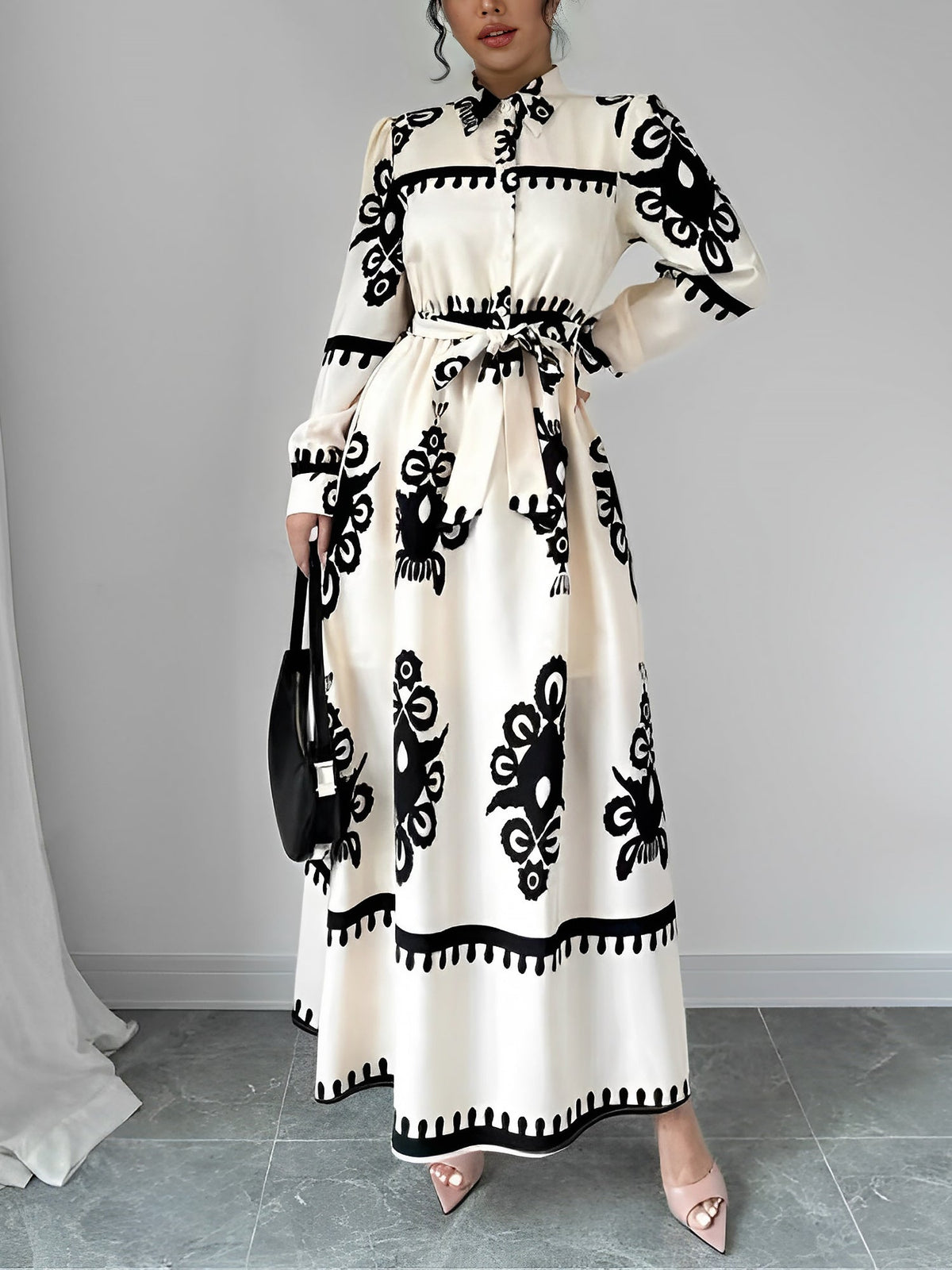 Lantern Long Sleeve Collar Boho Print Maxi Dress