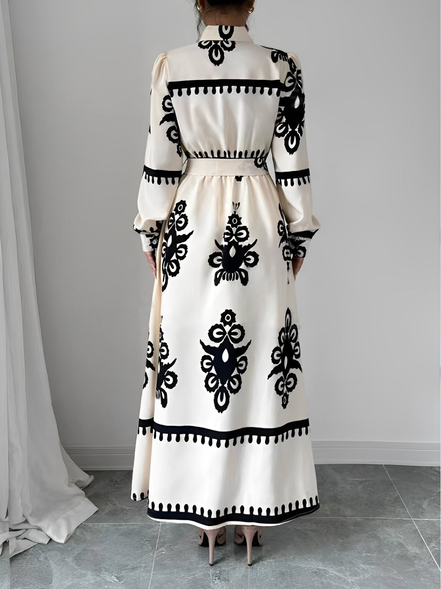 Lantern Long Sleeve Collar Boho Print Maxi Dress