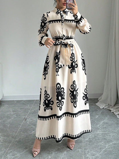 Lantern Long Sleeve Collar Boho Print Maxi Dress