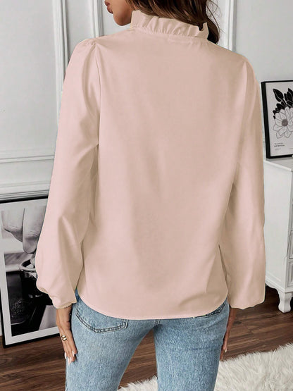 Ruffled Long Sleeve Solid Color Blouse