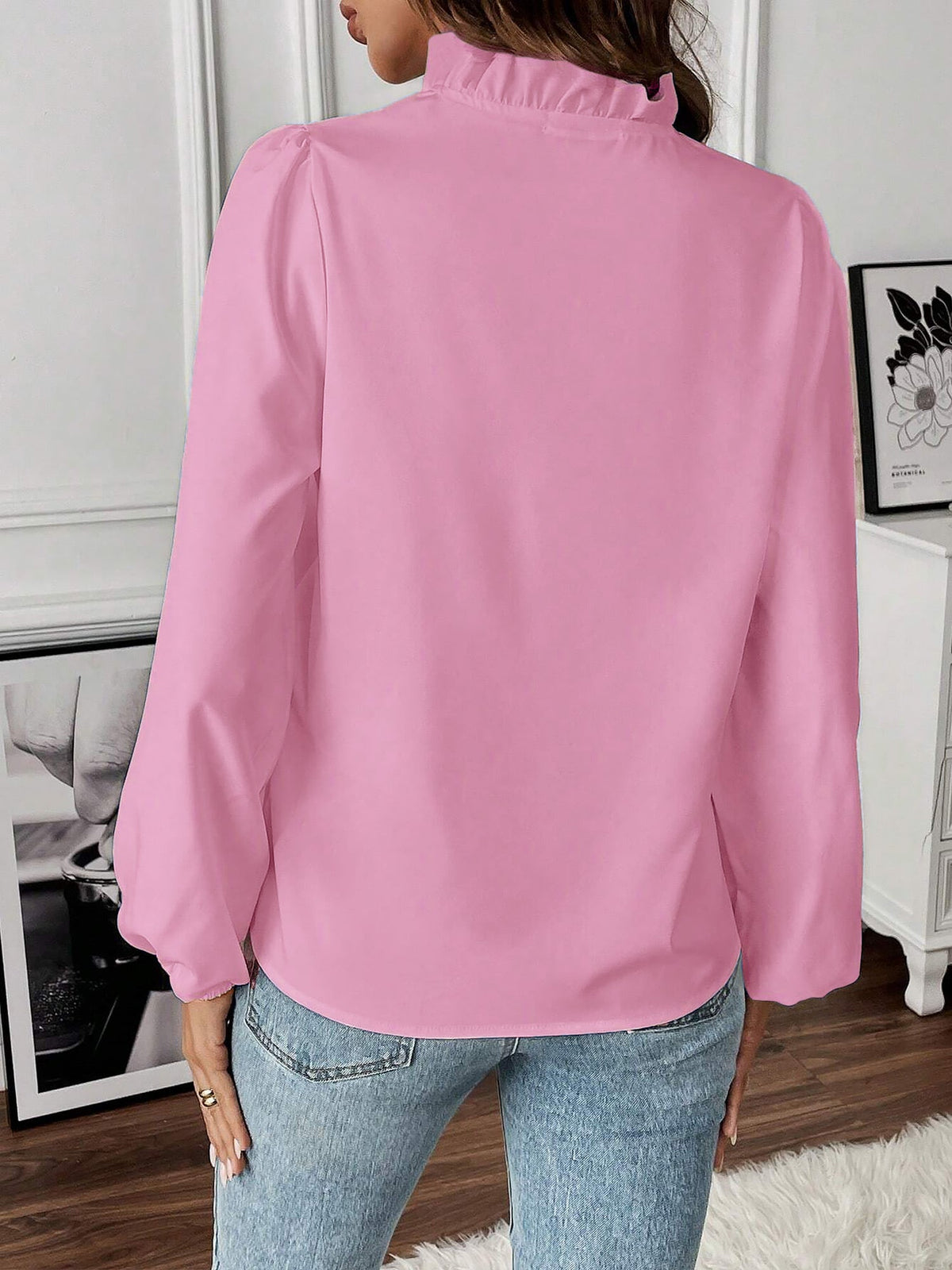 Ruffled Long Sleeve Solid Color Blouse