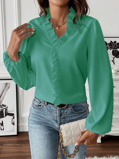 Ruffled Long Sleeve Solid Color Blouse