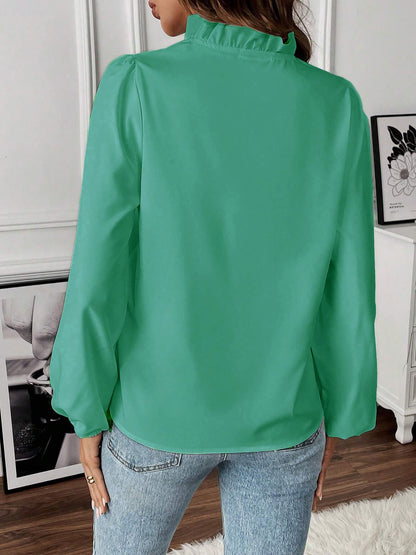 Ruffled Long Sleeve Solid Color Blouse