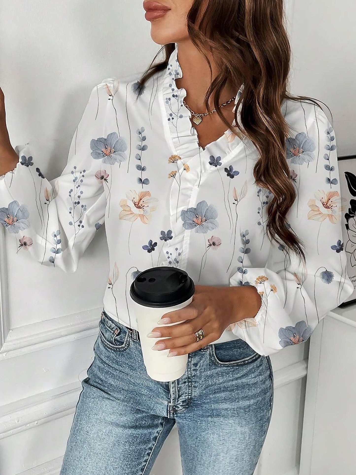 Breathable Chiffon Floral Ruffled V Neck Long Sleeves Work & Brunch Blouse