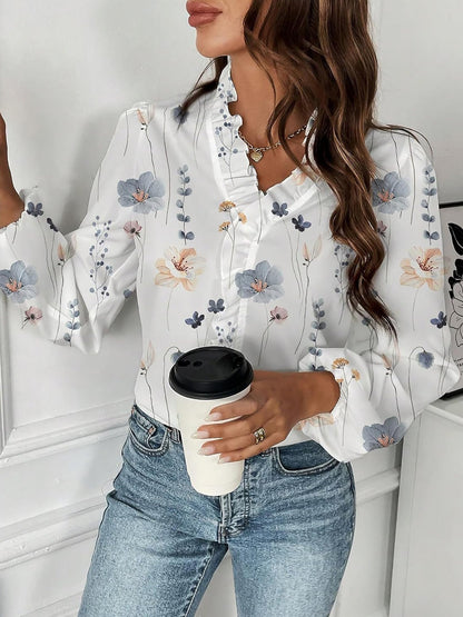 Breathable Chiffon Floral Ruffled V Neck Long Sleeves Work & Brunch Blouse