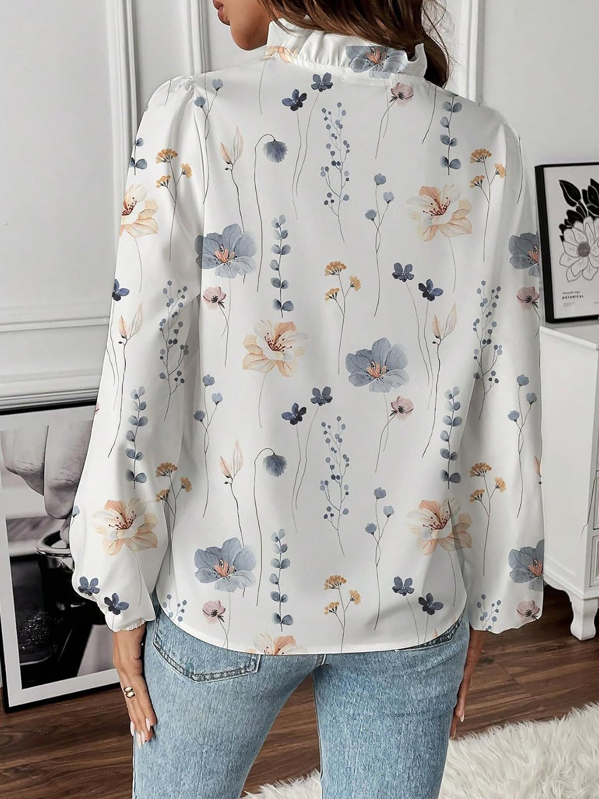 Breathable Chiffon Floral Ruffled V Neck Long Sleeves Work & Brunch Blouse