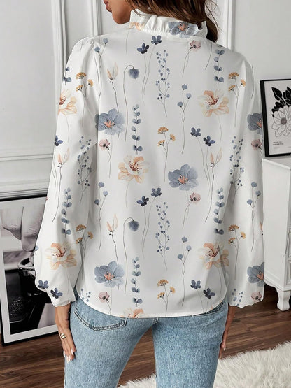 Breathable Chiffon Floral Ruffled V Neck Long Sleeves Work & Brunch Blouse