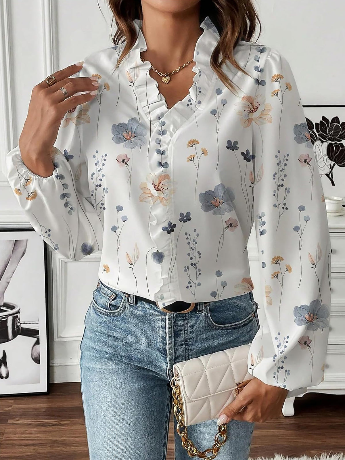 Breathable Chiffon Floral Ruffled V Neck Long Sleeves Work & Brunch Blouse