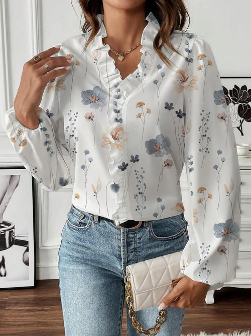 Breathable Chiffon Floral Ruffled V Neck Long Sleeves Work & Brunch Blouse