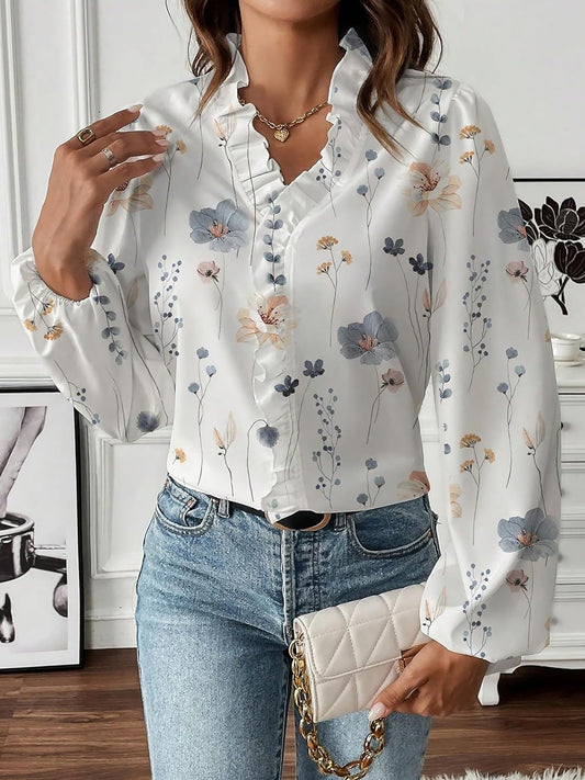 Breathable Chiffon Floral Ruffled V Neck Long Sleeves Work & Brunch Blouse