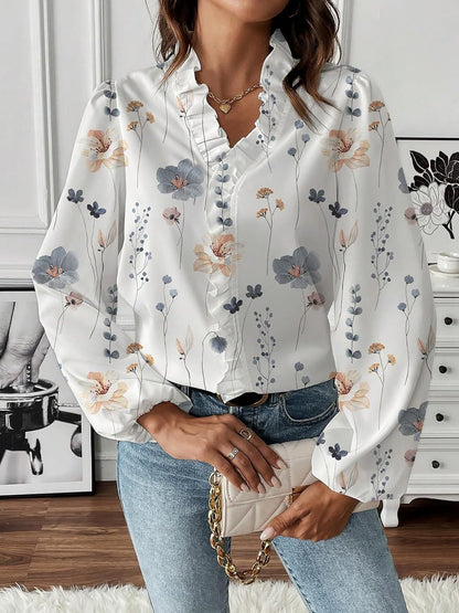 Breathable Chiffon Floral Ruffled V Neck Long Sleeves Work & Brunch Blouse