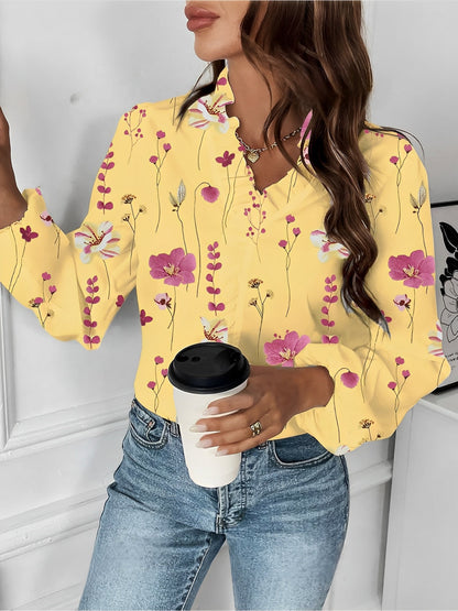 Breathable Chiffon Floral Ruffled V Neck Long Sleeves Work & Brunch Blouse