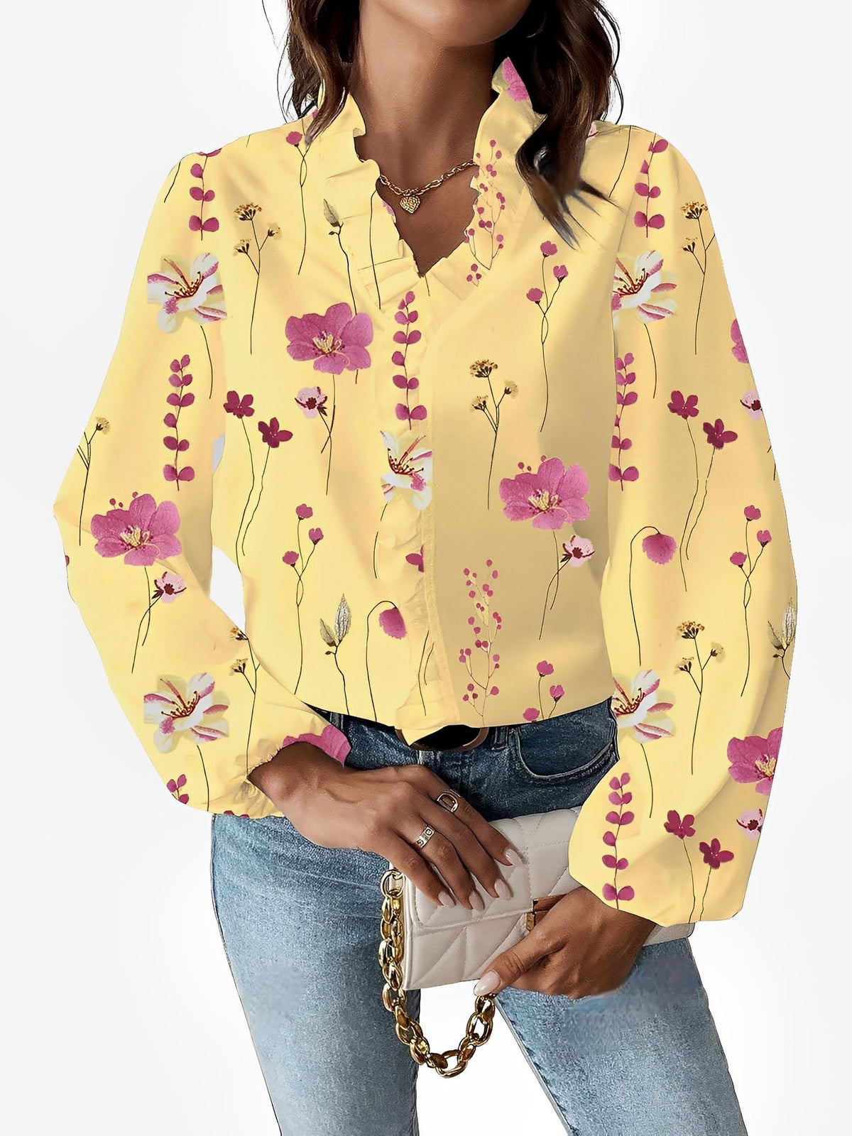 Breathable Chiffon Floral Ruffled V Neck Long Sleeves Work & Brunch Blouse
