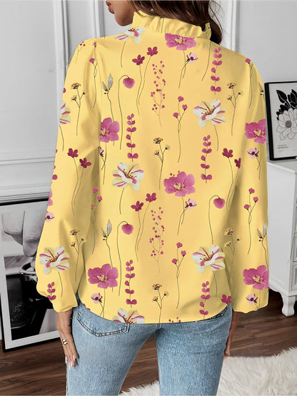 Breathable Chiffon Floral Ruffled V Neck Long Sleeves Work & Brunch Blouse