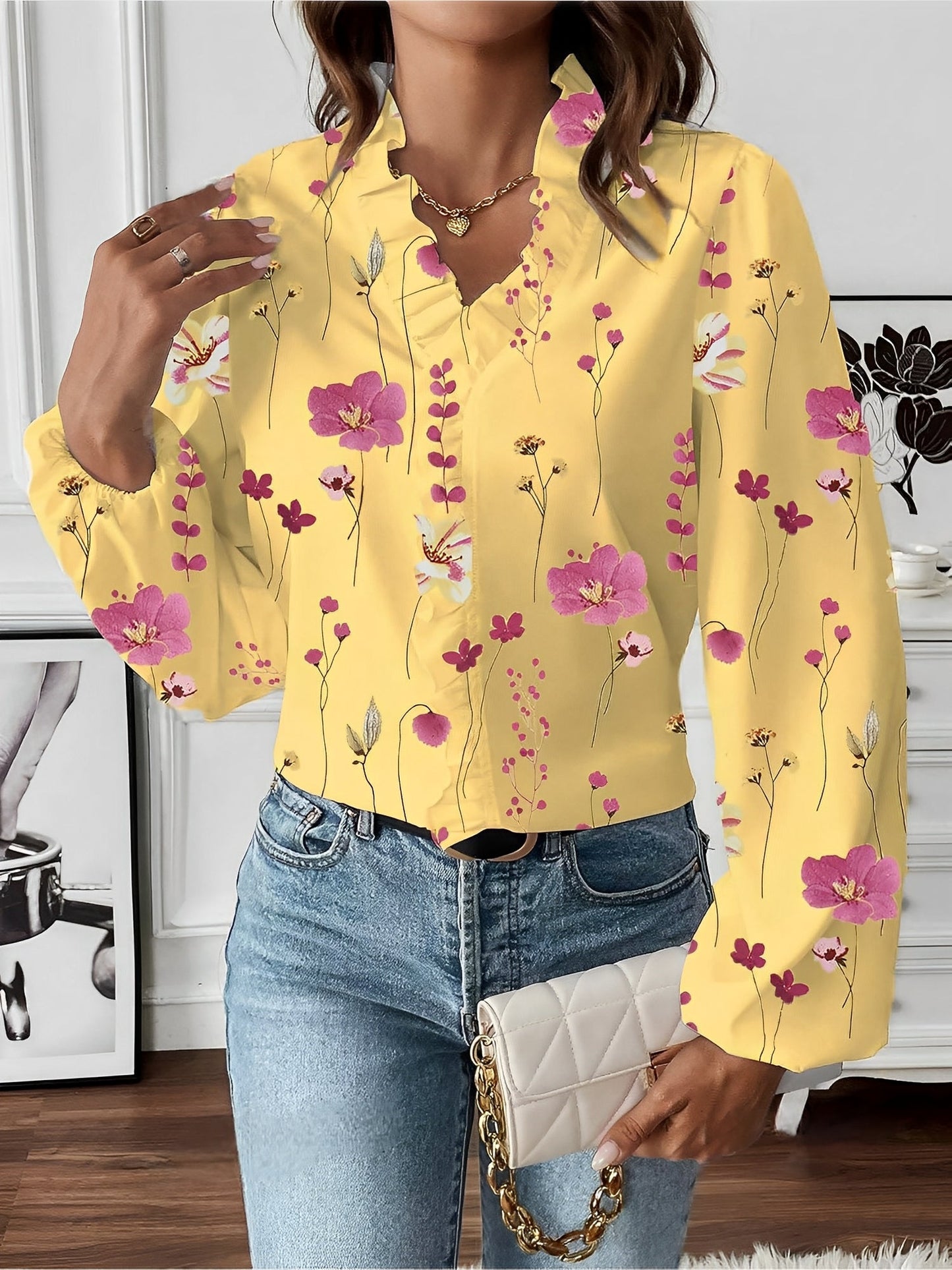 Breathable Chiffon Floral Ruffled V Neck Long Sleeves Work & Brunch Blouse