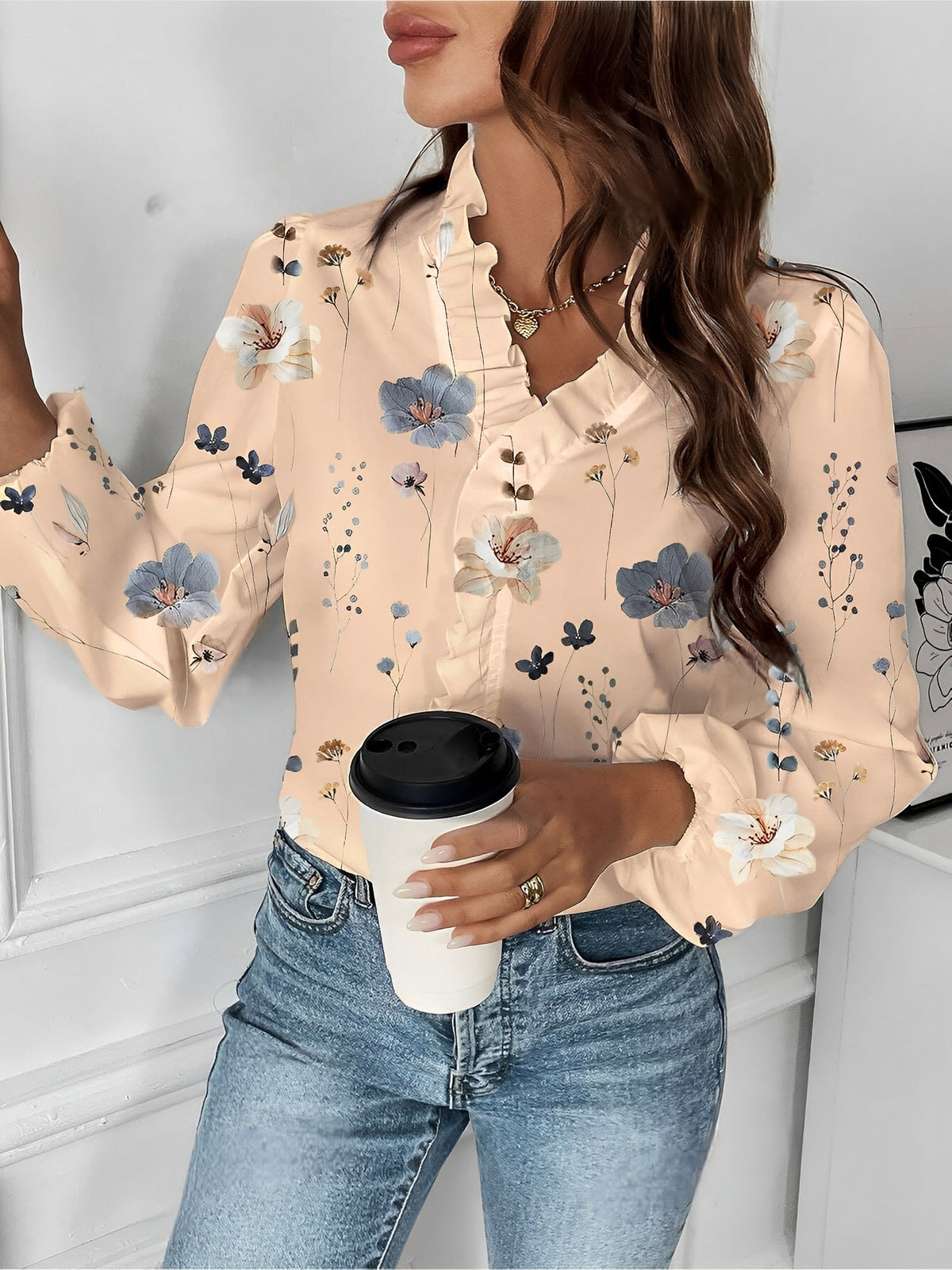 Breathable Chiffon Floral Ruffled V Neck Long Sleeves Work & Brunch Blouse