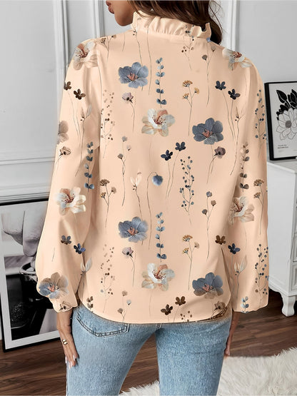 Breathable Chiffon Floral Ruffled V Neck Long Sleeves Work & Brunch Blouse