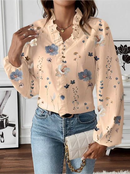 Breathable Chiffon Floral Ruffled V Neck Long Sleeves Work & Brunch Blouse
