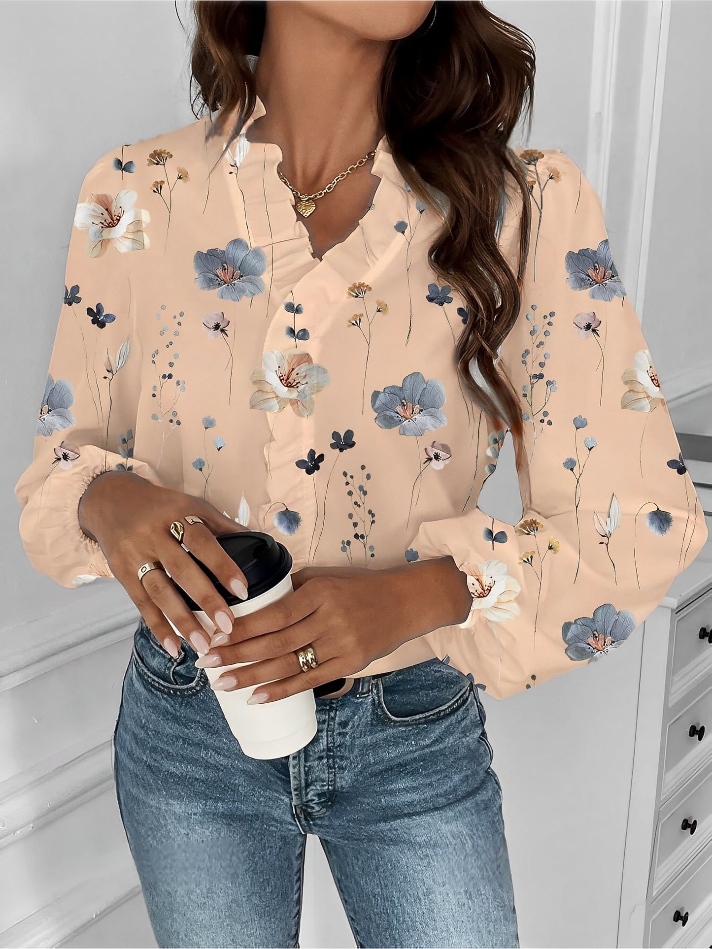 Breathable Chiffon Floral Ruffled V Neck Long Sleeves Work & Brunch Blouse