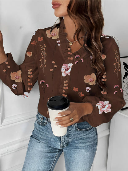 Breathable Chiffon Floral Ruffled V Neck Long Sleeves Work & Brunch Blouse