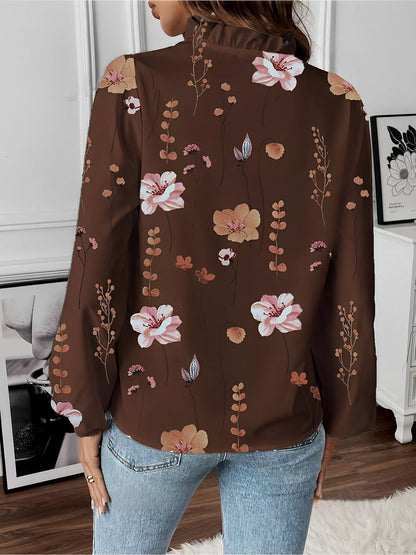 Breathable Chiffon Floral Ruffled V Neck Long Sleeves Work & Brunch Blouse