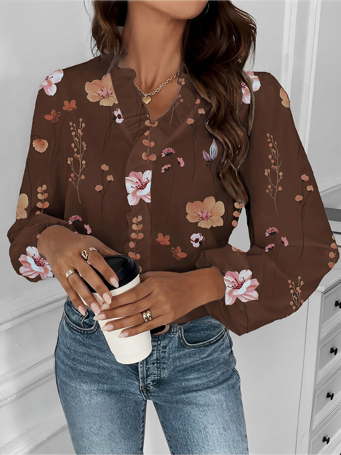 Breathable Chiffon Floral Ruffled V Neck Long Sleeves Work & Brunch Blouse