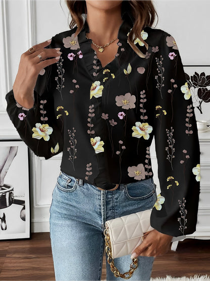 Breathable Chiffon Floral Ruffled V Neck Long Sleeves Work & Brunch Blouse