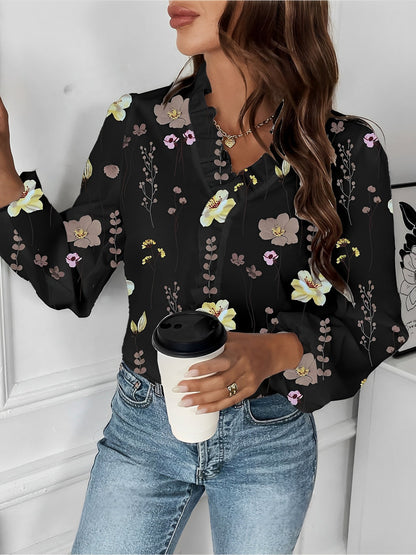 Breathable Chiffon Floral Ruffled V Neck Long Sleeves Work & Brunch Blouse