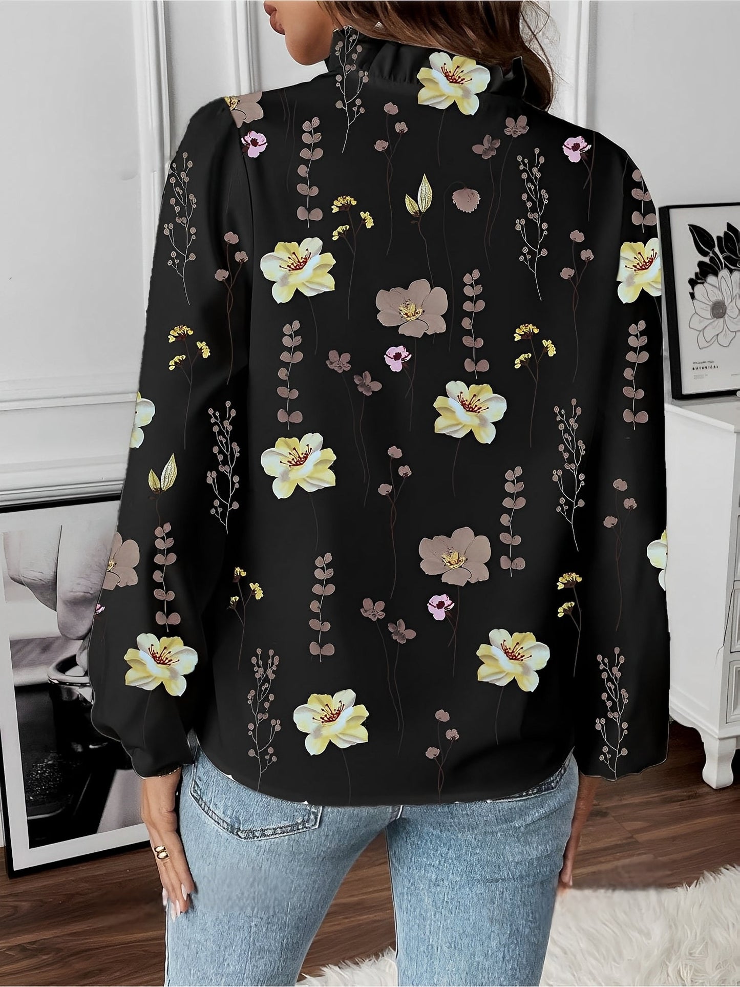 Breathable Chiffon Floral Ruffled V Neck Long Sleeves Work & Brunch Blouse