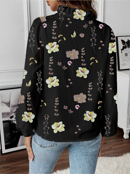 Breathable Chiffon Floral Ruffled V Neck Long Sleeves Work & Brunch Blouse
