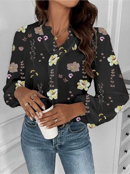 Breathable Chiffon Floral Ruffled V Neck Long Sleeves Work & Brunch Blouse