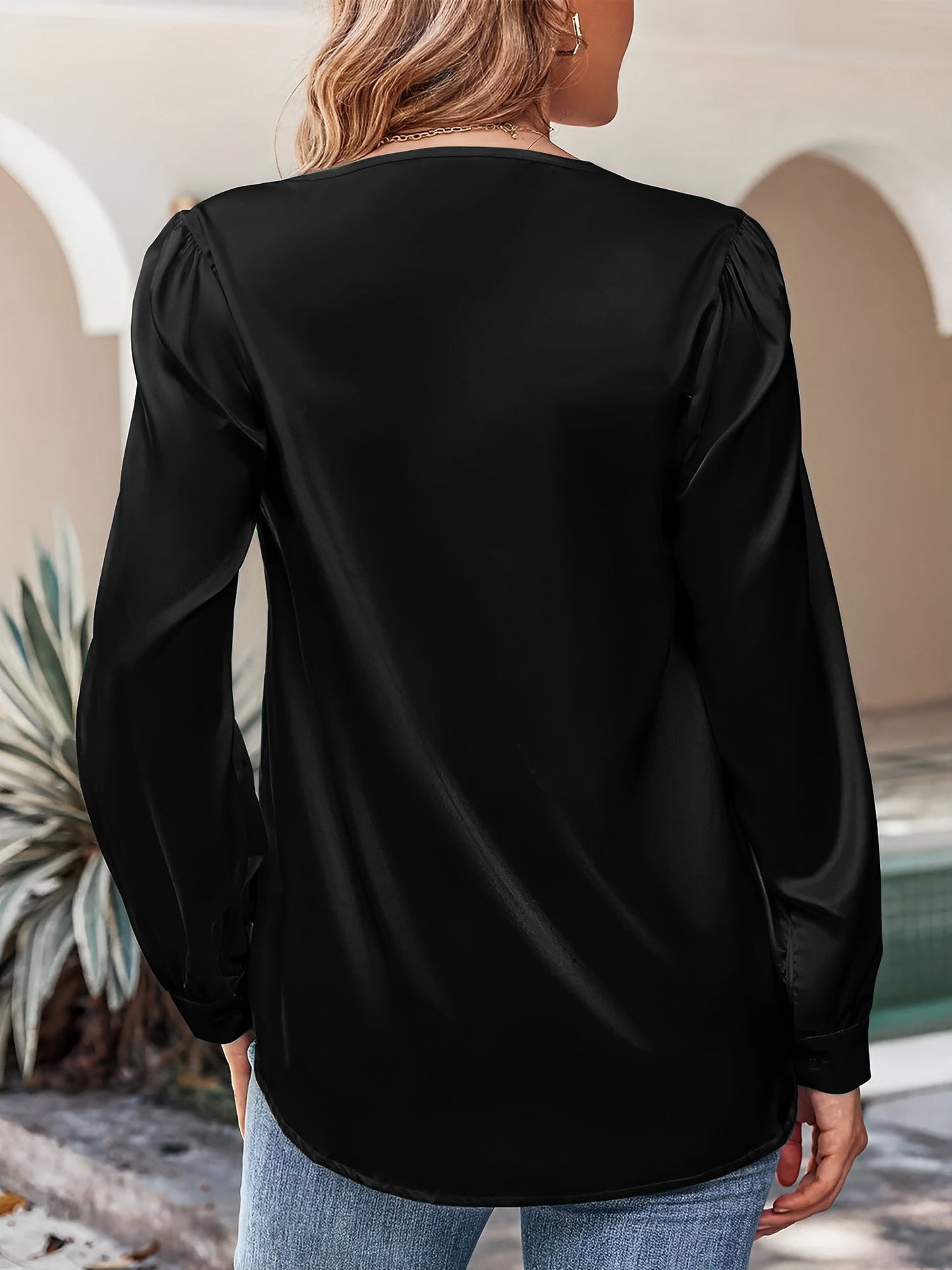 Satin Puff Long Sleeve V Neck Casual Blouse