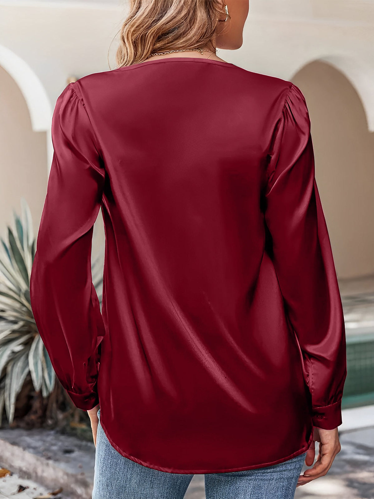 Satin Puff Long Sleeve V Neck Casual Blouse