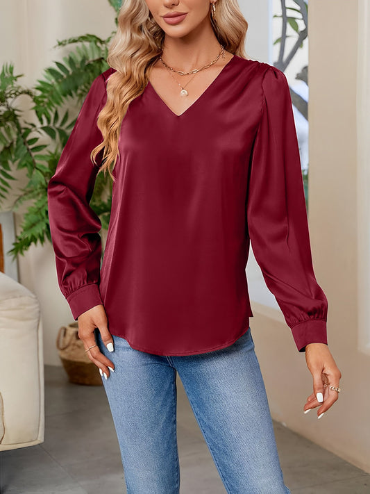 Satin Puff Long Sleeve V Neck Casual Blouse