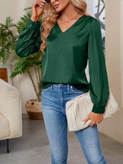 Satin Puff Long Sleeve V Neck Casual Blouse