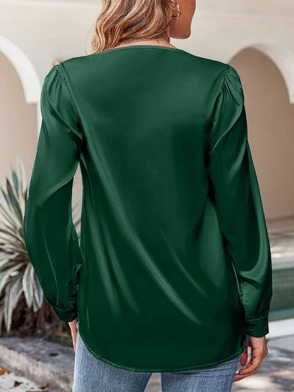 Satin Puff Long Sleeve V Neck Casual Blouse