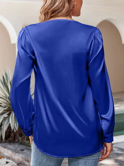 Satin Puff Long Sleeve V Neck Casual Blouse