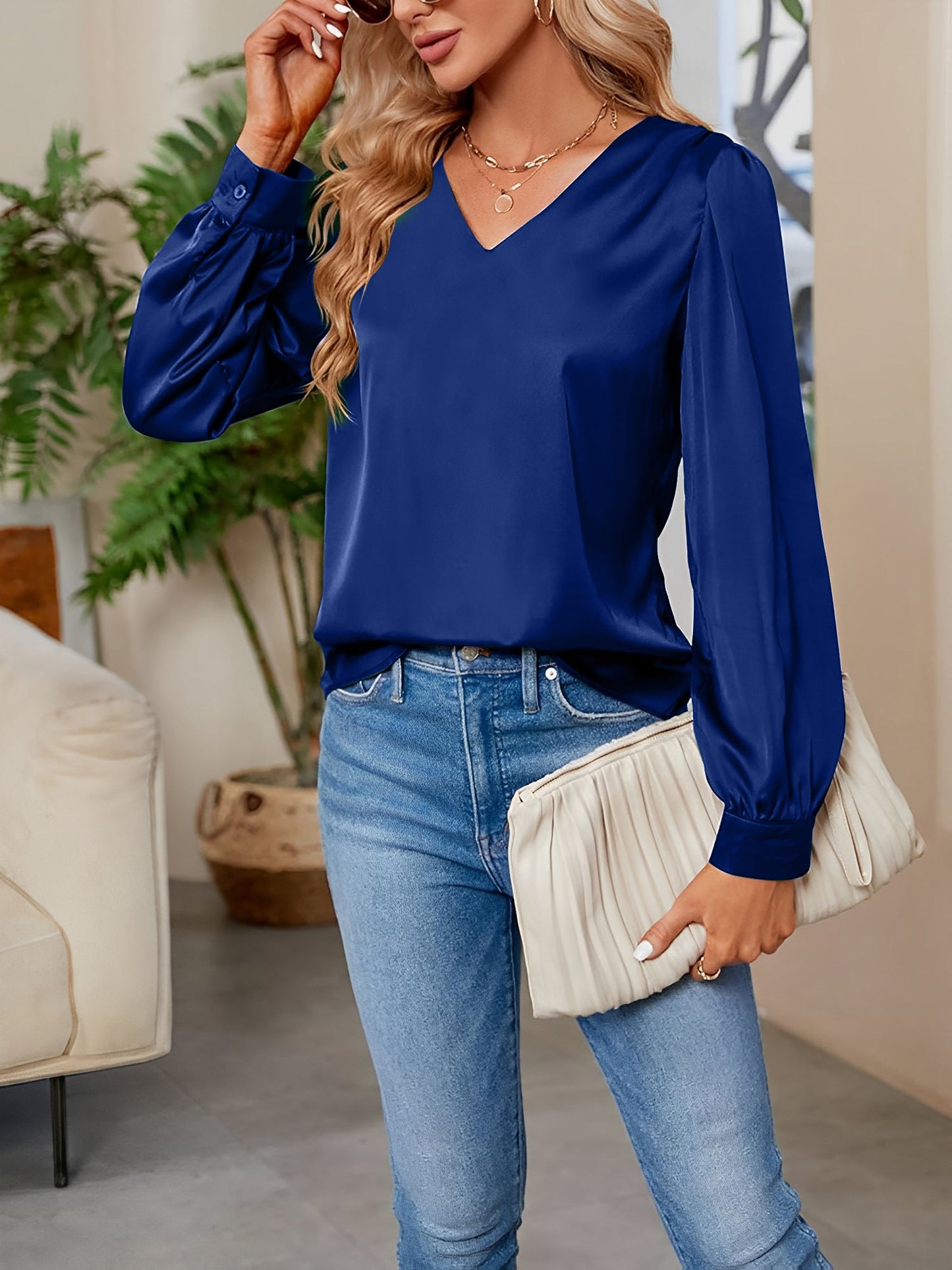 Satin Puff Long Sleeve V Neck Casual Blouse