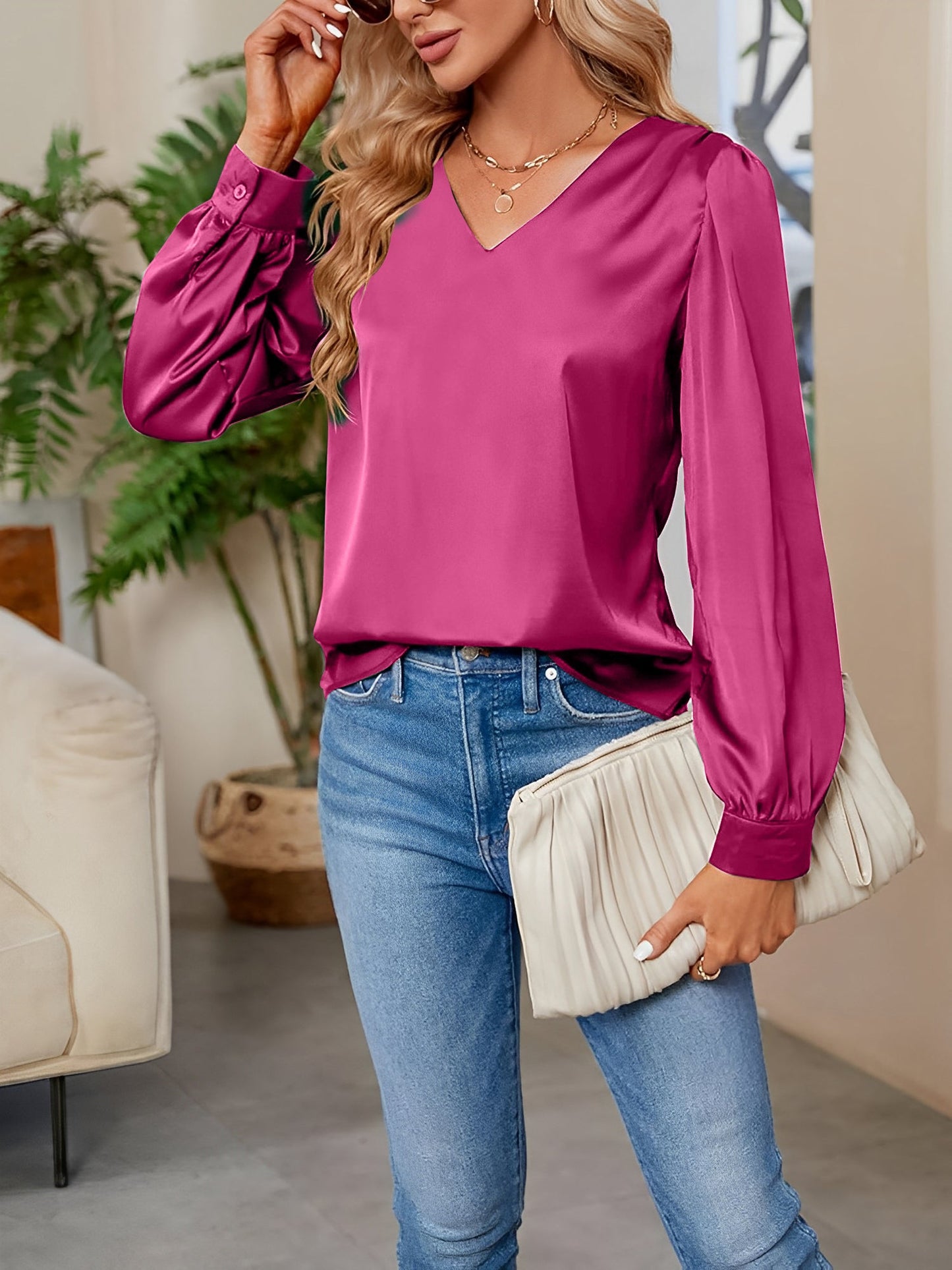 Satin Puff Long Sleeve V Neck Casual Blouse
