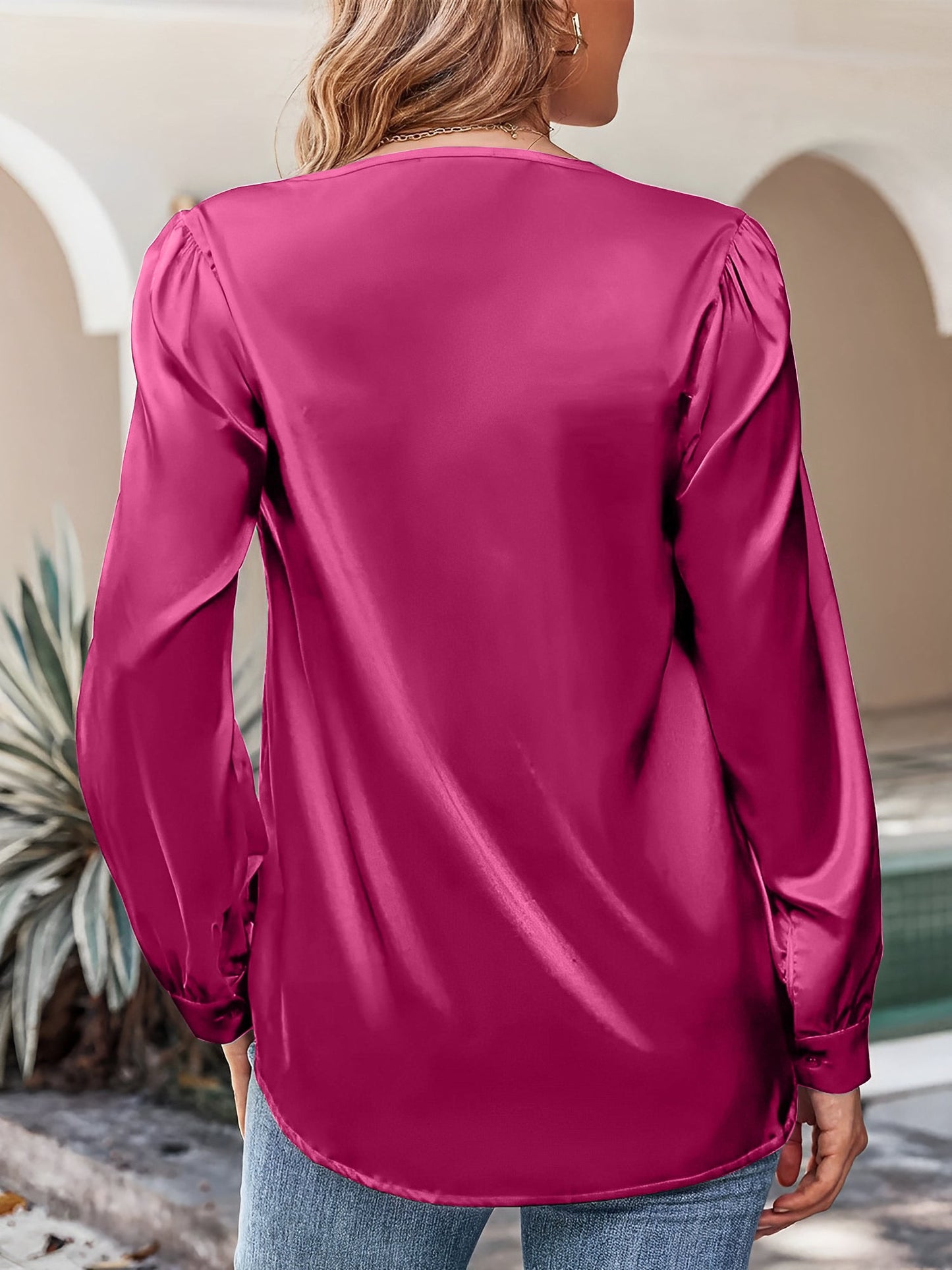 Satin Puff Long Sleeve V Neck Casual Blouse