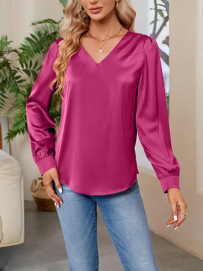 Satin Puff Long Sleeve V Neck Casual Blouse