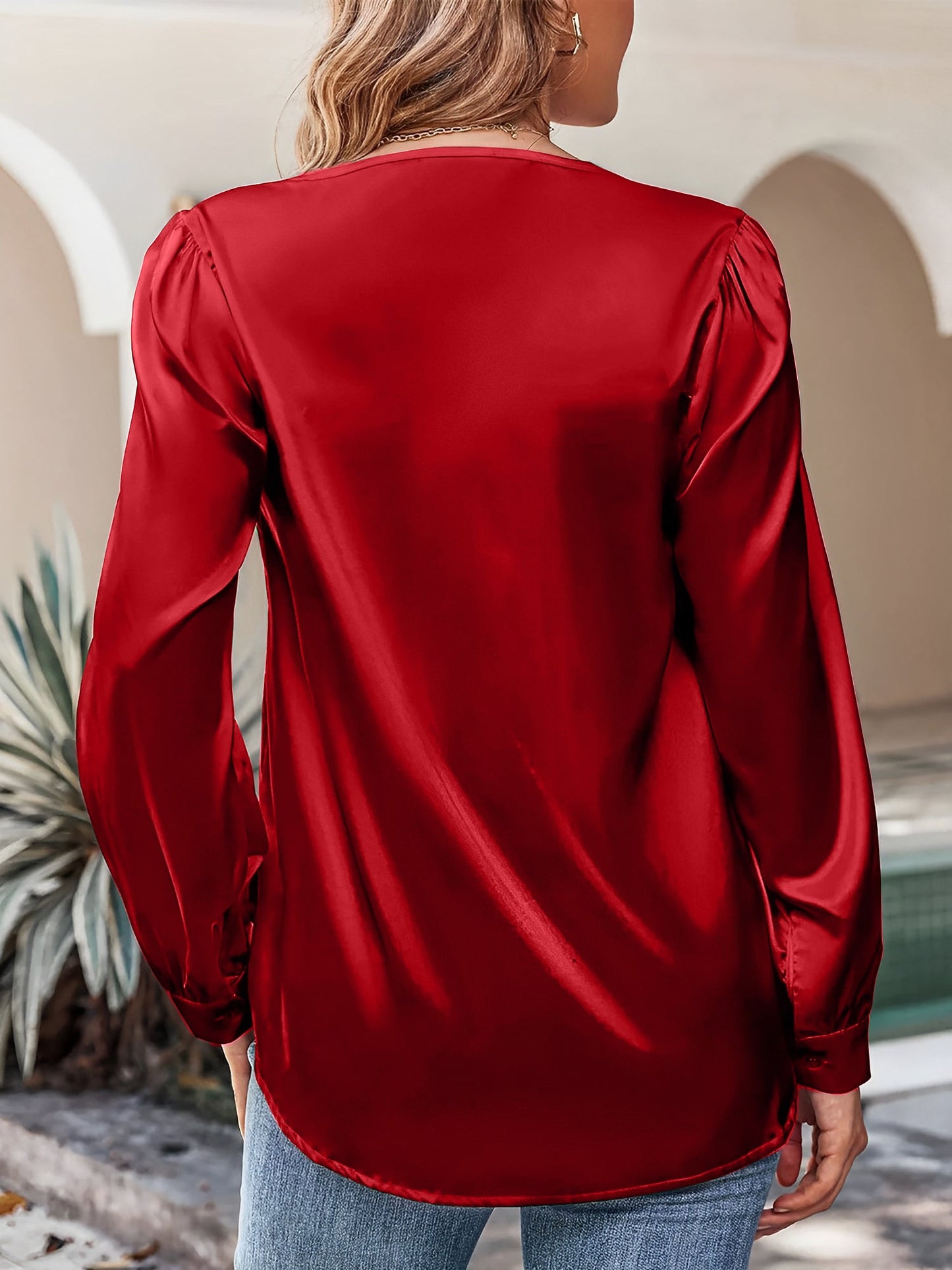 Satin Puff Long Sleeve V Neck Casual Blouse